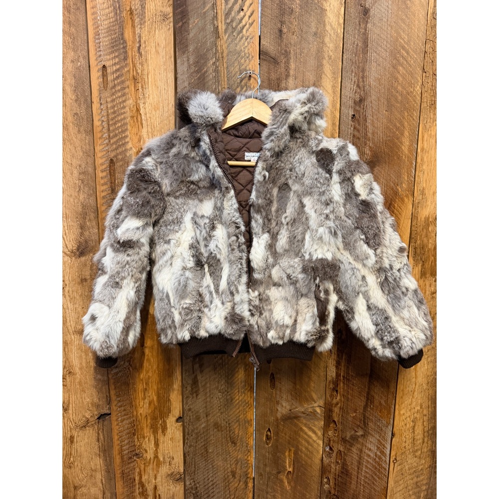 Vintage Rabbit Fur Jacket Womens S Hooded Bomber Patchwork Mob Wife Luxe